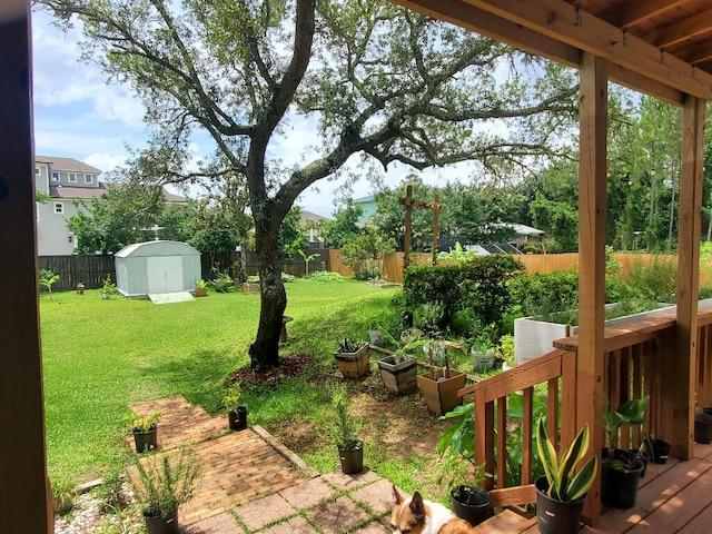 2969 Laurel Dr, Gulf Breeze, FL 32563 - fenced backyard with a vegetable garden, a shed, and a deck