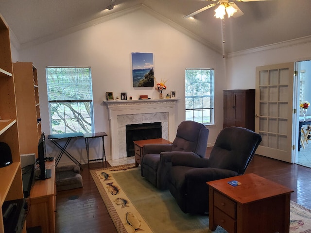 2969 Laurel Dr, Gulf Breeze, FL 32563 - living room with wood finished floors, plenty of natural light, ceiling fan, a premium fireplace, and lofted ceiling