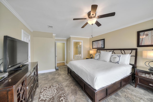 2905 Scenic Gulf Dr, Miramar Beach, FL 32550 - bedroom with ornamental molding, stone finish floors, ceiling fan, and connected bathroom