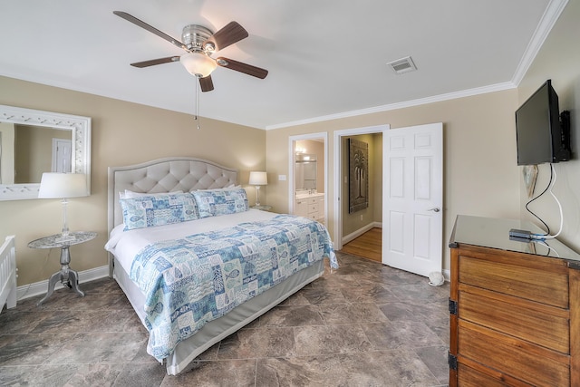 2905 Scenic Gulf Dr, Miramar Beach, FL 32550 - bedroom with ornamental molding, stone finish flooring, ensuite bathroom, and ceiling fan