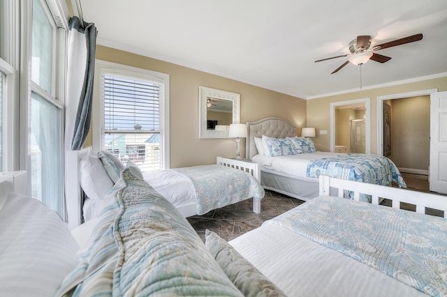 2905 Scenic Gulf Dr, Miramar Beach, FL 32550 - bedroom featuring crown molding, marble finish floors, ceiling fan, and ensuite bathroom