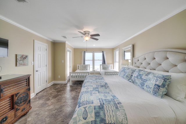 2905 Scenic Gulf Dr, Miramar Beach, FL 32550 - bedroom featuring crown molding, stone finish floors, and a ceiling fan
