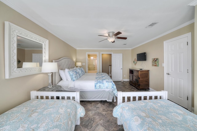 2905 Scenic Gulf Dr, Miramar Beach, FL 32550 - bedroom with ornamental molding, stone finish floors, ceiling fan, and ensuite bath
