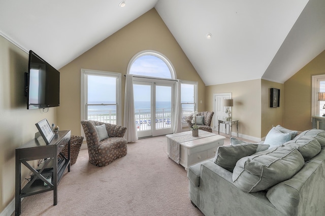 2905 Scenic Gulf Dr, Miramar Beach, FL 32550 - living room featuring lofted ceiling and light carpet