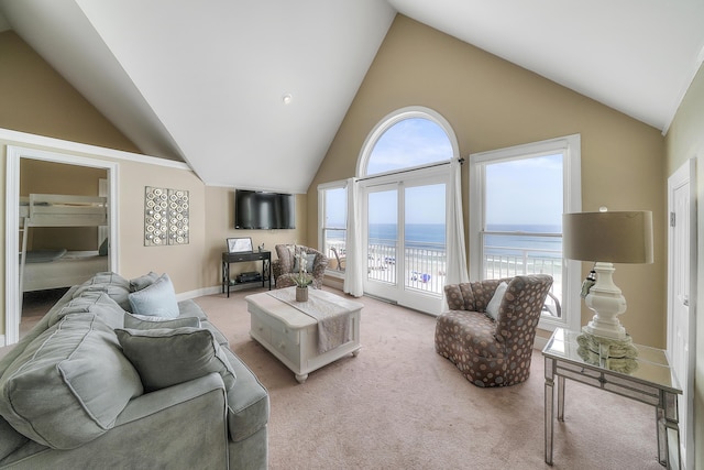 2905 Scenic Gulf Dr, Miramar Beach, FL 32550 - living room featuring lofted ceiling and light carpet