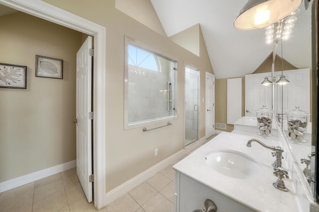2905 Scenic Gulf Dr, Miramar Beach, FL 32550 - full bathroom with lofted ceiling, a stall shower, vanity, and tile patterned floors