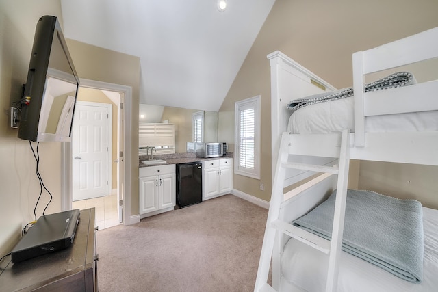 2905 Scenic Gulf Dr, Miramar Beach, FL 32550 - bedroom featuring light carpet, vaulted ceiling, and fridge