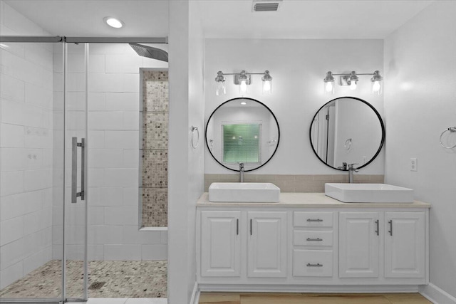 2050 Biscayne Blvd, Navarre, FL 32566 - bathroom with a stall shower, double vanity, and recessed lighting