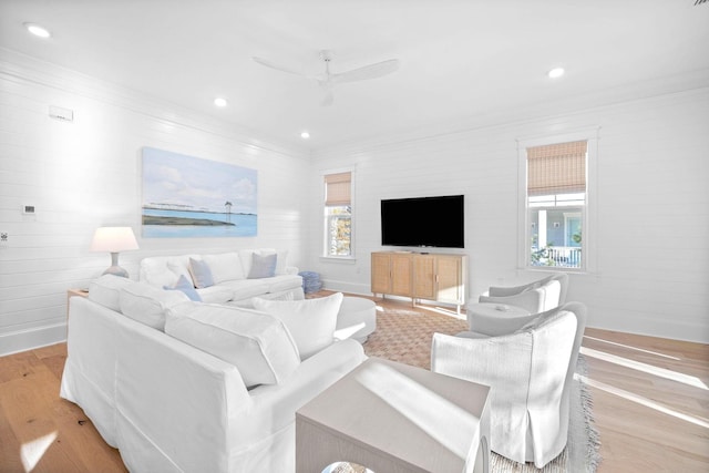 49 Clipper St, Inlet Beach, FL 32461 - living area featuring ornamental molding, light wood-type flooring, a ceiling fan, and recessed lighting