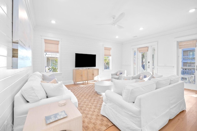 49 Clipper St, Inlet Beach, FL 32461 - living room with crown molding, ceiling fan, light wood-style floors, and recessed lighting