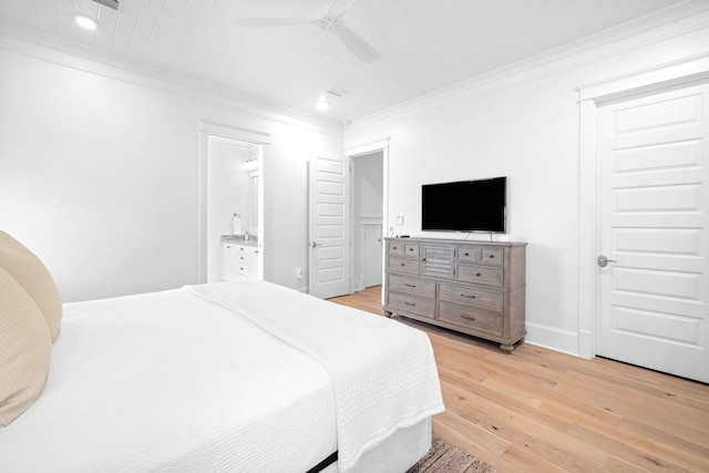 49 Clipper St, Inlet Beach, FL 32461 - bedroom with ornamental molding, light wood-style flooring, connected bathroom, a ceiling fan, and recessed lighting