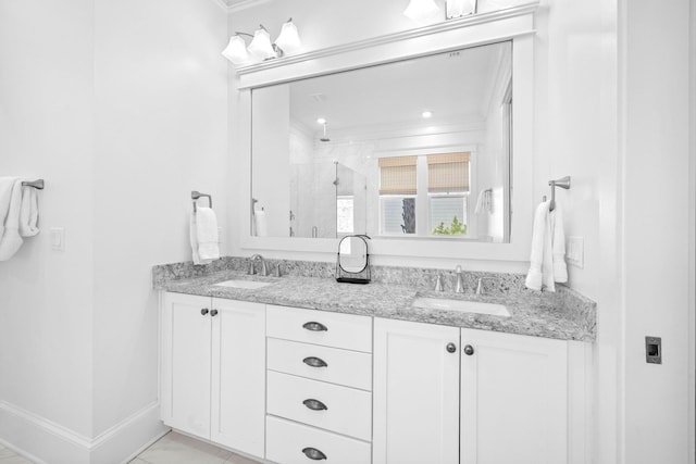 49 Clipper St, Inlet Beach, FL 32461 - bathroom with a stall shower, double vanity, and ornamental molding