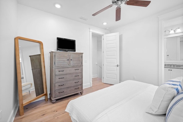 49 Clipper St, Inlet Beach, FL 32461 - bedroom with light wood-style flooring, ensuite bath, recessed lighting, and ceiling fan