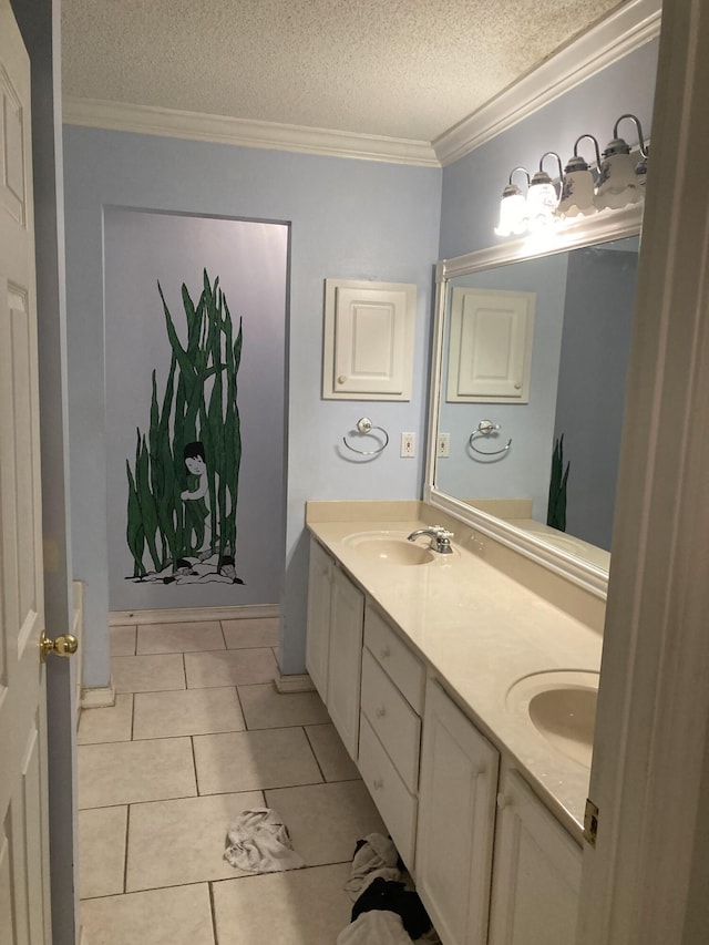 4627 Windstarr Dr, Destin, FL 32541 - full bathroom featuring double vanity, tile patterned floors, a textured ceiling, and ornamental molding