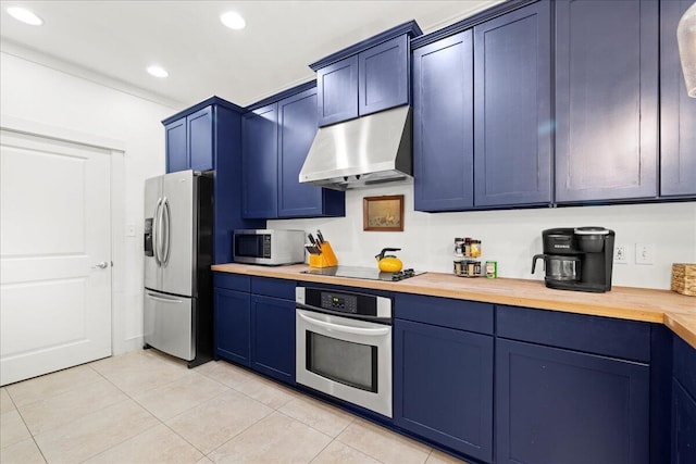 54 Rue Du Soleil, Santa Rosa Beach, FL 32459 - kitchen featuring stainless steel appliances, range hood, wood counters, light tile patterned floors, and blue cabinetry