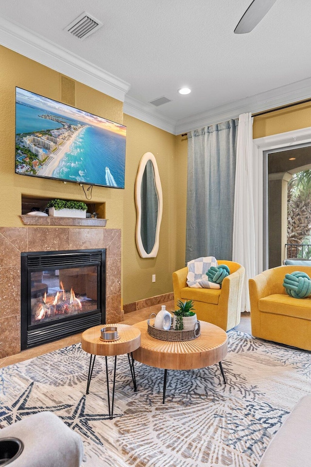 37 Conch Cay, Destin, FL 32541 - living area with crown molding, a premium fireplace, and recessed lighting