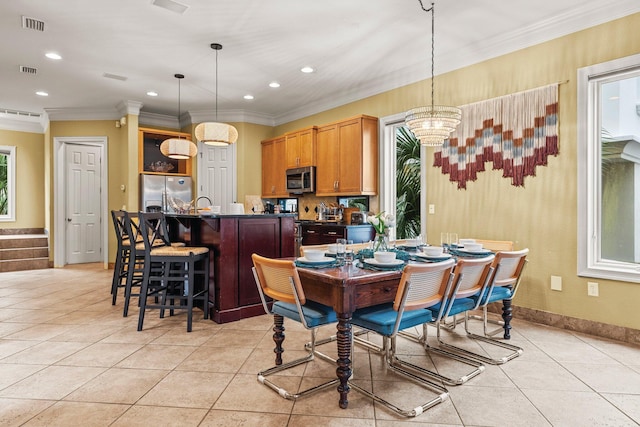 37 Conch Cay, Destin, FL 32541 - dining room featuring crown molding, light tile patterned floors, recessed lighting, a chandelier, and stairs