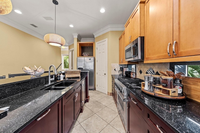 37 Conch Cay, Destin, FL 32541 - kitchen featuring stainless steel appliances, crown molding, decorative backsplash, open shelves, and dark stone counters