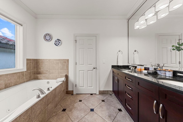 37 Conch Cay, Destin, FL 32541 - full bathroom featuring double vanity, a whirlpool tub, tile patterned flooring, and crown molding
