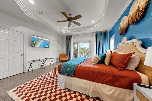 37 Conch Cay, Destin, FL 32541 - bedroom featuring a tray ceiling, access to exterior, recessed lighting, crown molding, and ceiling fan