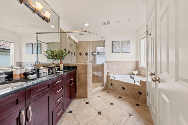 37 Conch Cay, Destin, FL 32541 - bathroom featuring crown molding, double vanity, a garden tub, a stall shower, and tile patterned floors