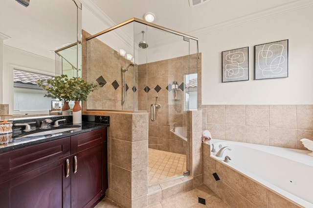 37 Conch Cay, Destin, FL 32541 - bathroom with a garden tub, vanity, a shower stall, and crown molding