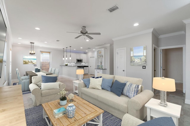 4739 Amhurst Cir, Destin, FL 32541 - living area featuring a ceiling fan, recessed lighting, and crown molding