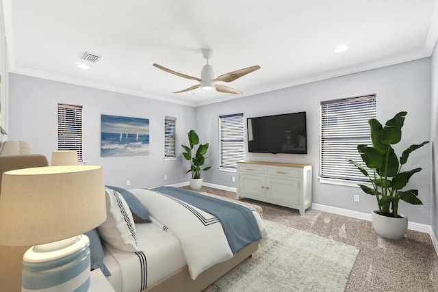 4739 Amhurst Cir, Destin, FL 32541 - bedroom with light colored carpet, ornamental molding, ceiling fan, and recessed lighting