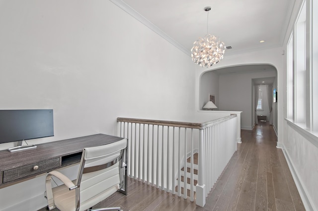 37 Sugar Loaf Aly, Alys Beach, FL 32461 - office area with hardwood / wood-style flooring, crown molding, arched walkways, and a chandelier