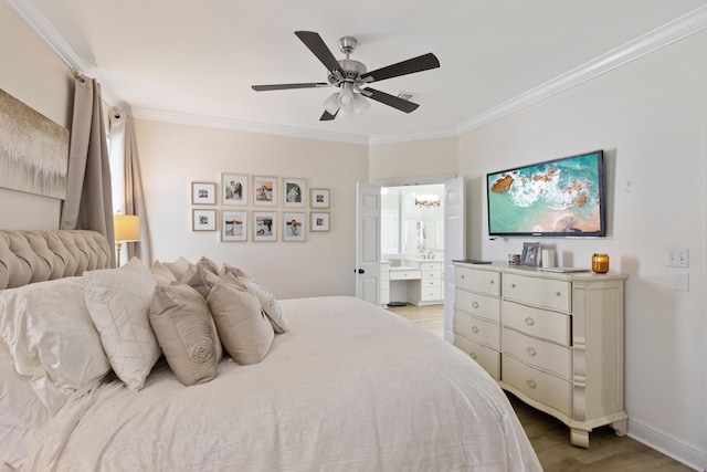 1009 Forest Shore Dr, Miramar Beach, FL 32550 - bedroom featuring crown molding, light wood-style floors, a ceiling fan, and connected bathroom