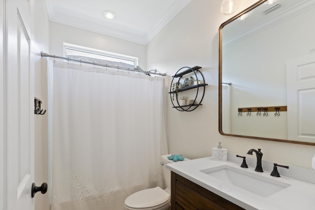 1009 Forest Shore Dr, Miramar Beach, FL 32550 - bathroom with vanity, crown molding, and a shower with shower curtain