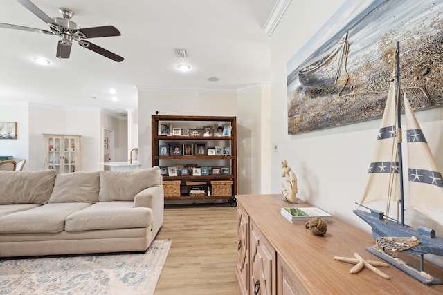 1009 Forest Shore Dr, Miramar Beach, FL 32550 - living room with ornamental molding, ceiling fan, light wood-type flooring, and recessed lighting