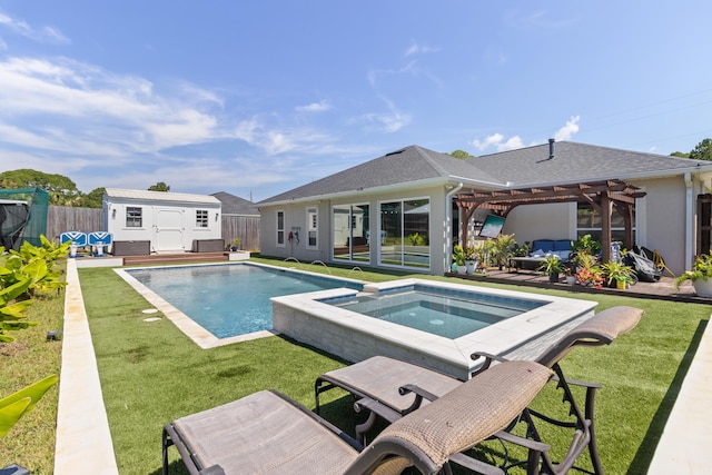 1009 Forest Shore Dr, Miramar Beach, FL 32550 - view of pool featuring a pergola, an outbuilding, a fenced backyard, an outdoor living space, and a pool with connected hot tub