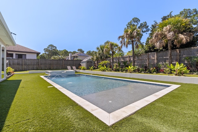 1009 Forest Shore Dr, Miramar Beach, FL 32550 - view of swimming pool with a storage shed and a fenced backyard