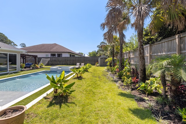 1009 Forest Shore Dr, Miramar Beach, FL 32550 - fenced backyard featuring a shed, a pool with connected hot tub, and a gazebo