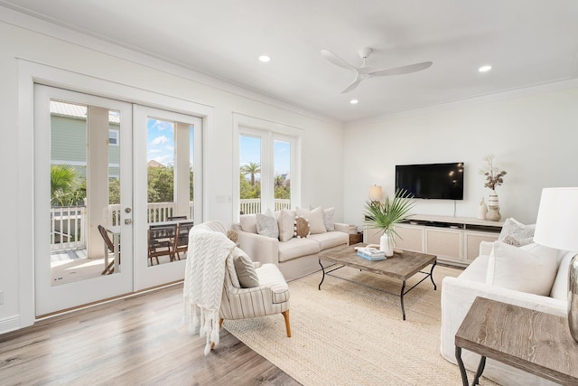 65 Sandy Shores Ct, Inlet Beach, FL 32461 - living area featuring ornamental molding, light wood-style floors, a ceiling fan, recessed lighting, and french doors