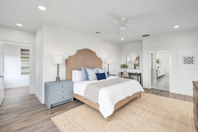 65 Sandy Shores Ct, Inlet Beach, FL 32461 - bedroom with crown molding, light wood-type flooring, recessed lighting, and ceiling fan