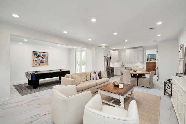 65 Sandy Shores Ct, Inlet Beach, FL 32461 - living area with ornamental molding, recessed lighting, billiards table, and light marble finish flooring