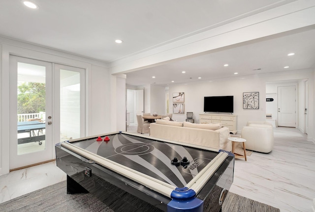 65 Sandy Shores Ct, Inlet Beach, FL 32461 - game room featuring light marble finish floors, recessed lighting, ornamental molding, and french doors