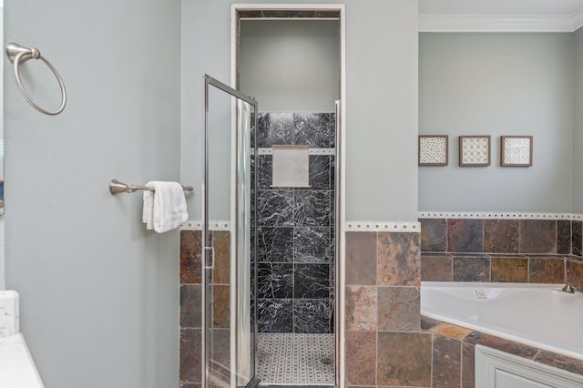 102 Terra Cotta Way, Destin, FL 32541 - bathroom with a shower stall, ornamental molding, and a garden tub