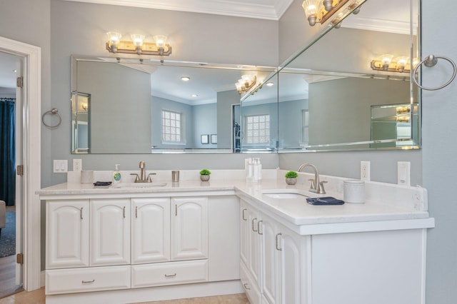 102 Terra Cotta Way, Destin, FL 32541 - full bath with crown molding, double vanity, a chandelier, and recessed lighting