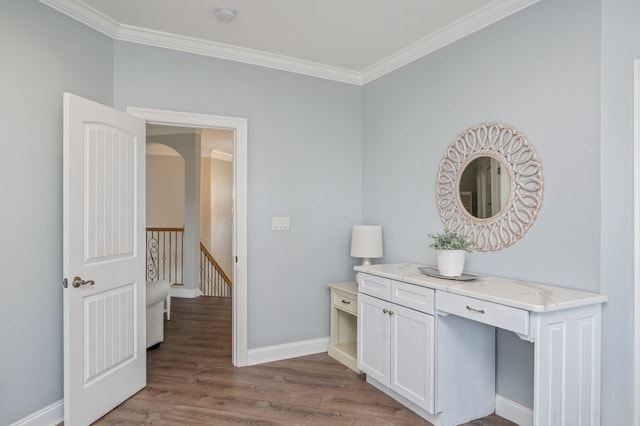 102 Terra Cotta Way, Destin, FL 32541 - corridor featuring ornamental molding, wood finished floors, and an upstairs landing