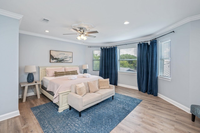 102 Terra Cotta Way, Destin, FL 32541 - bedroom featuring ornamental molding, wood finished floors, recessed lighting, and ceiling fan