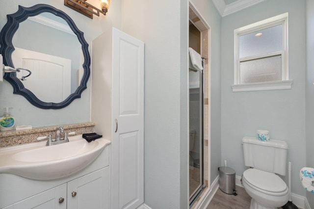 102 Terra Cotta Way, Destin, FL 32541 - full bath with vanity, a stall shower, crown molding, and wood finished floors