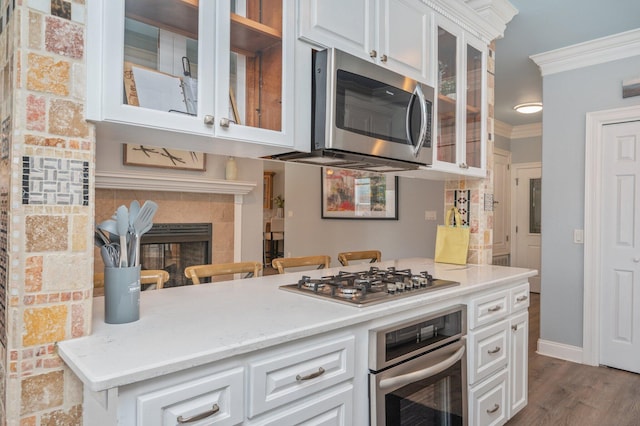 102 Terra Cotta Way, Destin, FL 32541 - kitchen featuring appliances with stainless steel finishes, ornamental molding, glass insert cabinets, white cabinetry, and a tiled fireplace