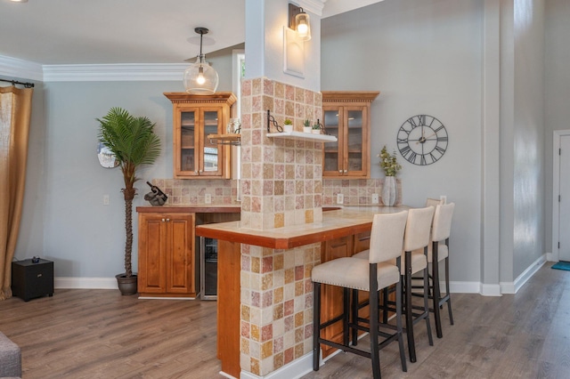 102 Terra Cotta Way, Destin, FL 32541 - bar featuring backsplash, wood finished floors, and crown molding