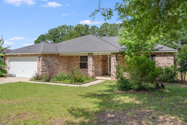 48 S Pleasant Dr, Defuniak Springs, FL 32435 - ranch-style home with a front yard, an attached garage, brick siding, and roof with shingles