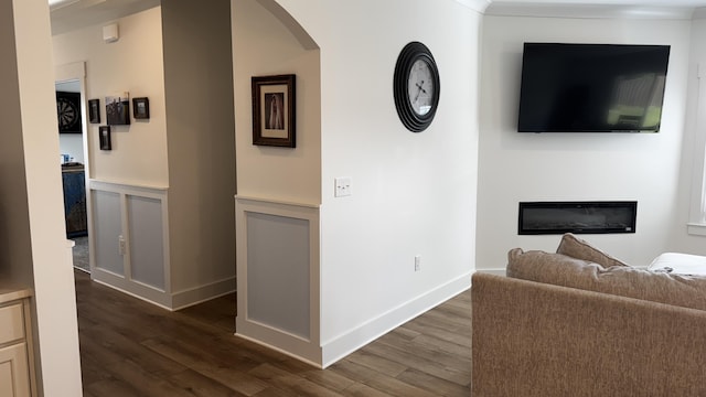 136 Hibernate Way, Freeport, FL 32439 - living room featuring dark wood finished floors, arched walkways, and a glass covered fireplace