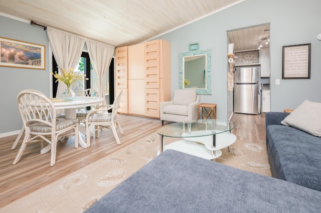 17462 Front Beach Rd Unit 18C, Panama City Beach, FL 32413 - living room with light wood finished floors, ornamental molding, wooden ceiling, and lofted ceiling