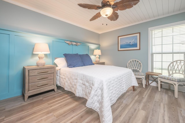 17462 Front Beach Rd Unit 18C, Panama City Beach, FL 32413 - bedroom featuring wood ceiling, crown molding, light wood-type flooring, and ceiling fan